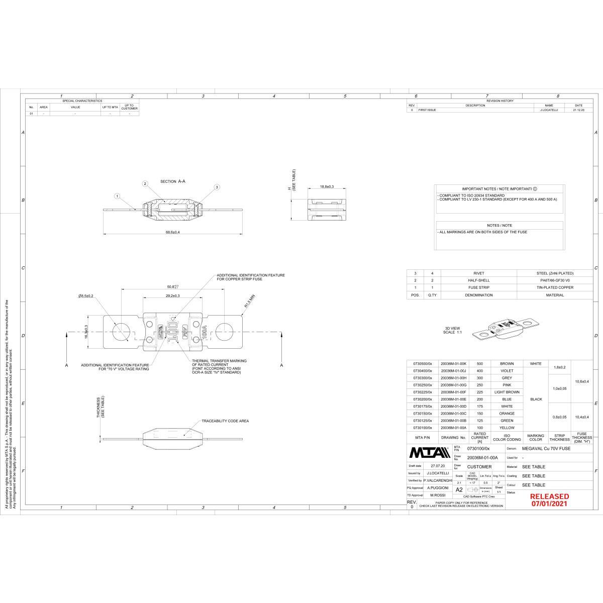 Mta industry MTA - MEGAVAL FUSIBILE 70 VOLT 100A ( Conf. da 350 pz ) 0730100