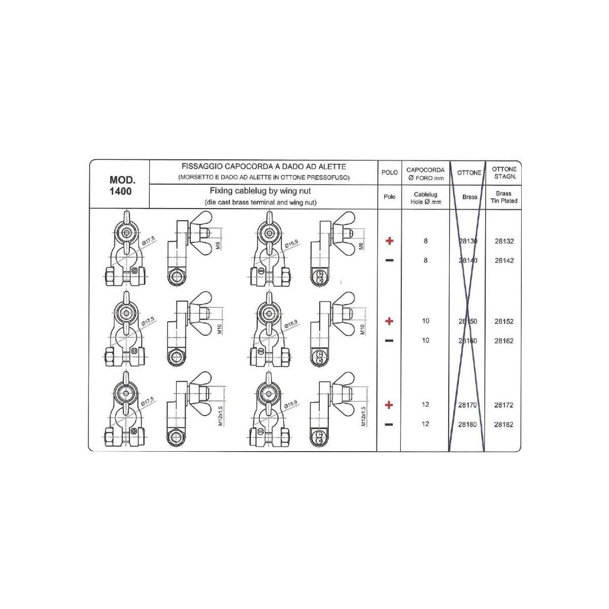 MORSETTO CON PERNO FILETT. E DADO ALETTATO (TIPO NAUTICA) M12 POSITIVO STAGNATO ( Conf. da 10 pz )