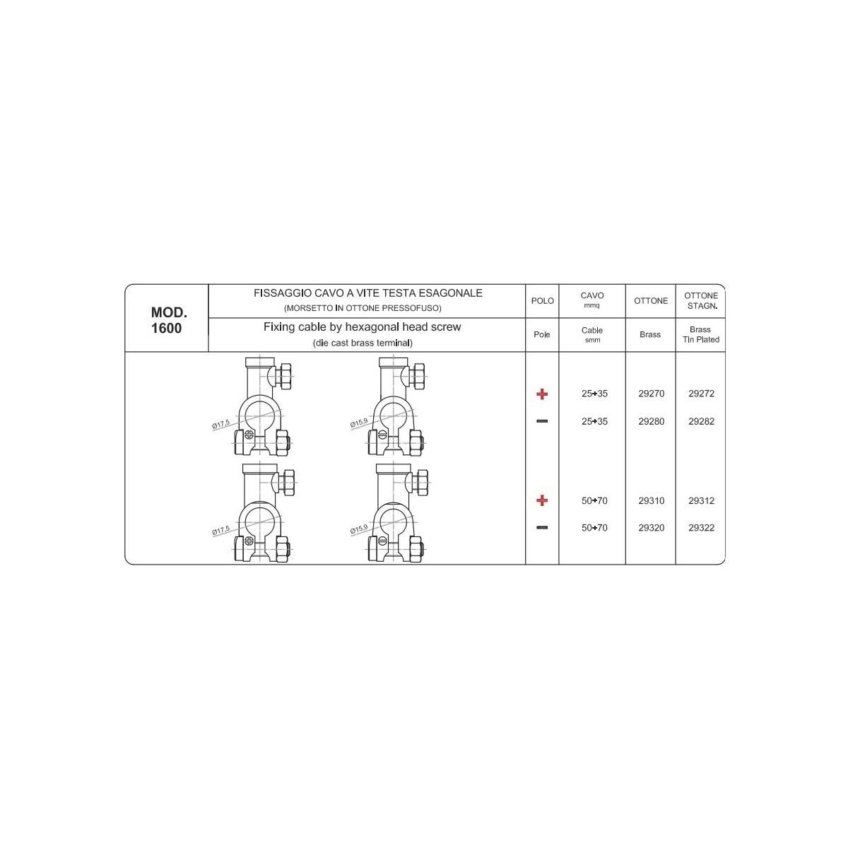 MORSETTO IN OTTONE FISSAGGIO CAVO A VITE 50-70 MMQ NEGATIVO ( Conf. da 10 pz )