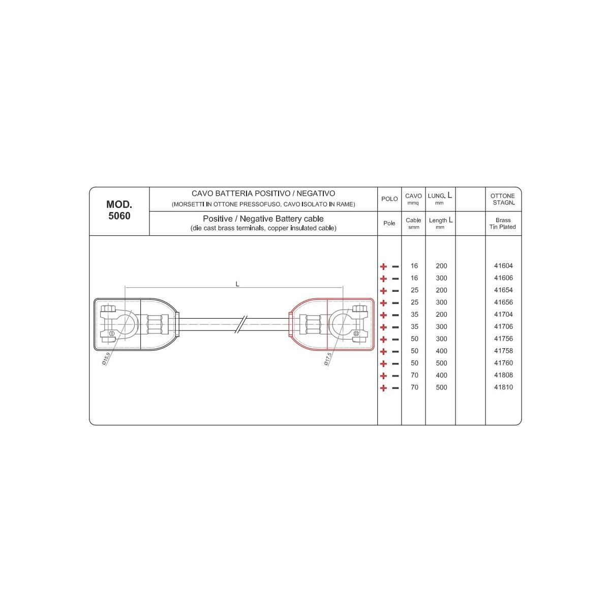 CAVO COLL. BATTERIA POSIT. E NEGAT. CAVO DA 70 MMQ LUNGO 500 MM CON ISOLANTI ( Conf. da 1 pz )