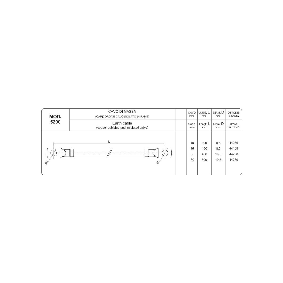 CAVO DI MASSA CAVO 50 MMQ LUNGO 500 MM FORO DA 10,5 MM ( Conf. da 1 pz )