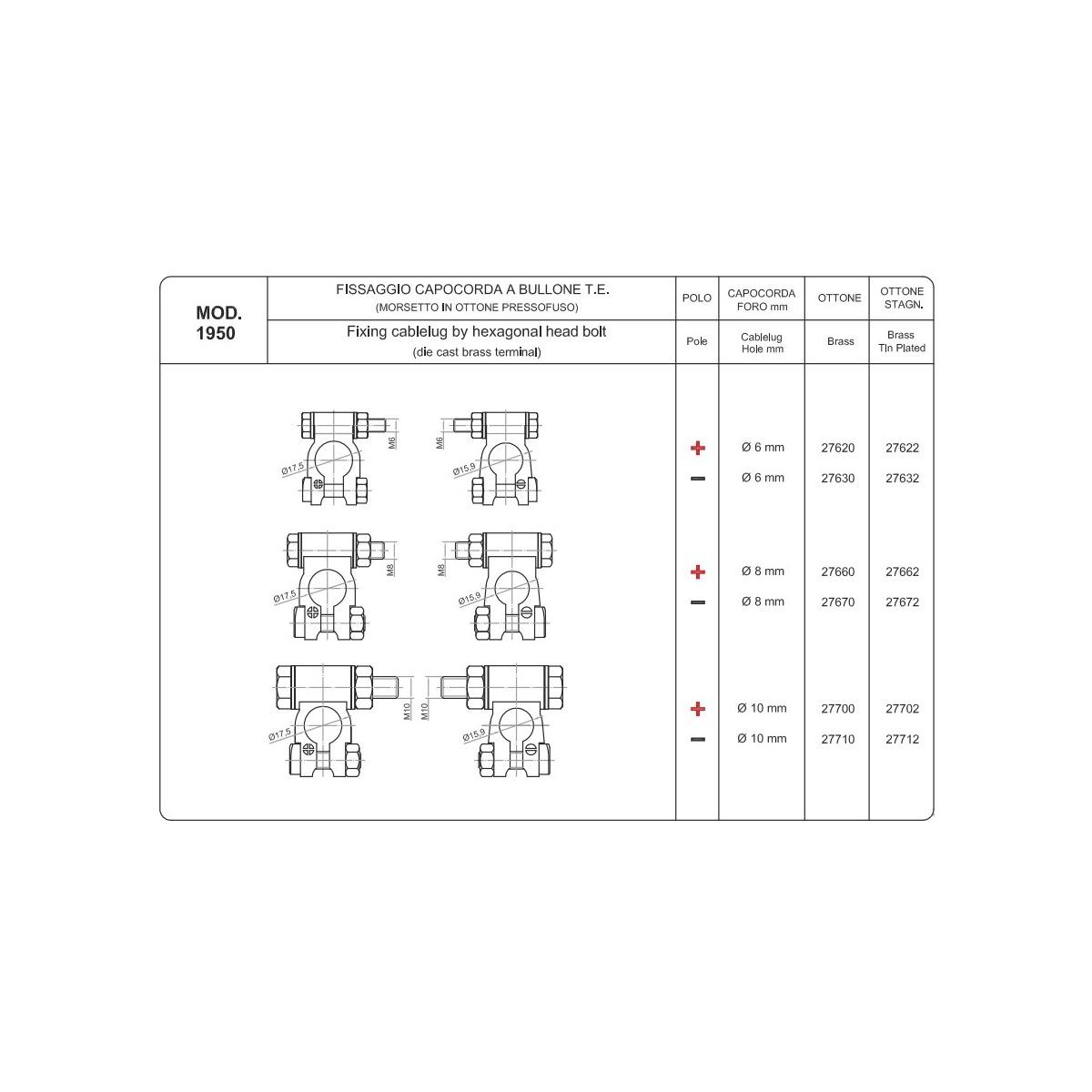 MORSETTO IN OTTONE FISSAGGIO A VITE T.E. 10 MM POSITIVO STAGNATO ( Conf. da 10 pz )