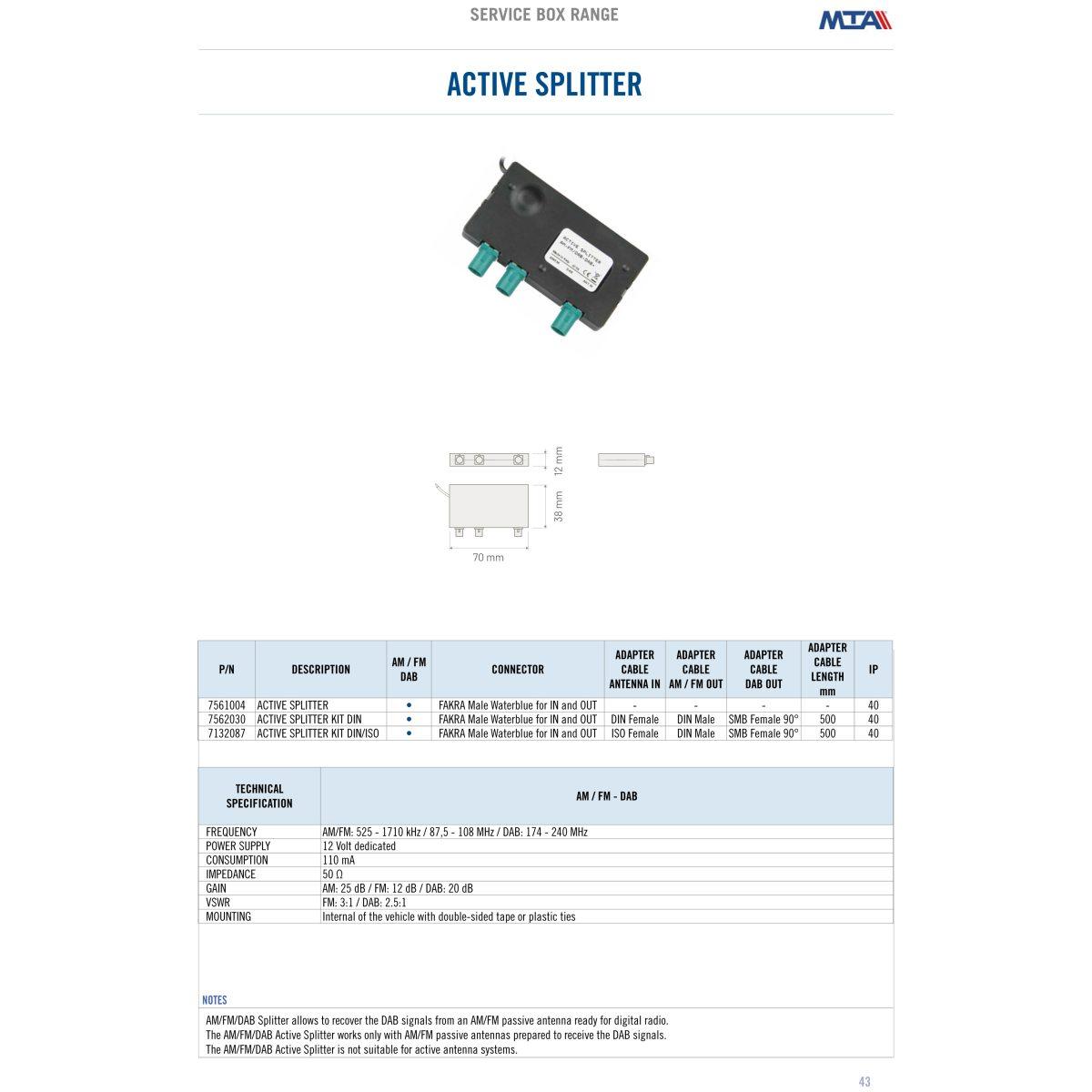 Active Splitter AM/FM-DAB - kit DIN - Connectors: DIN female - DIN male - SMB F 90°