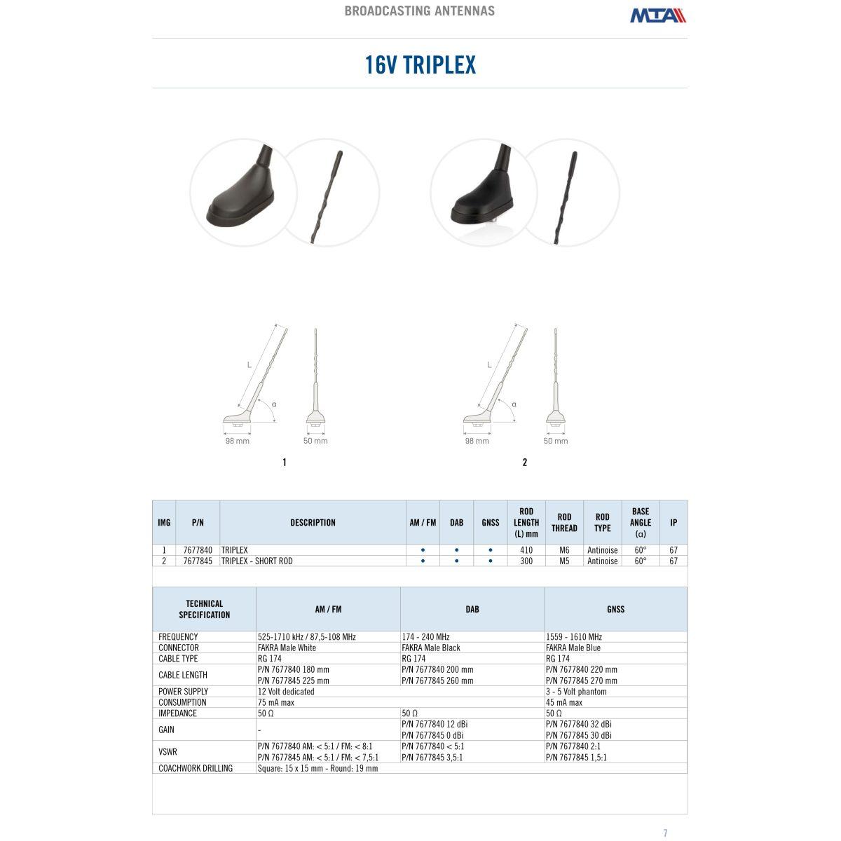 MTA - 16v TRIPLEX SHORT ROD roof antenna - AM/FM/DAB/GNSS  ( Conf. Da 1 pz )