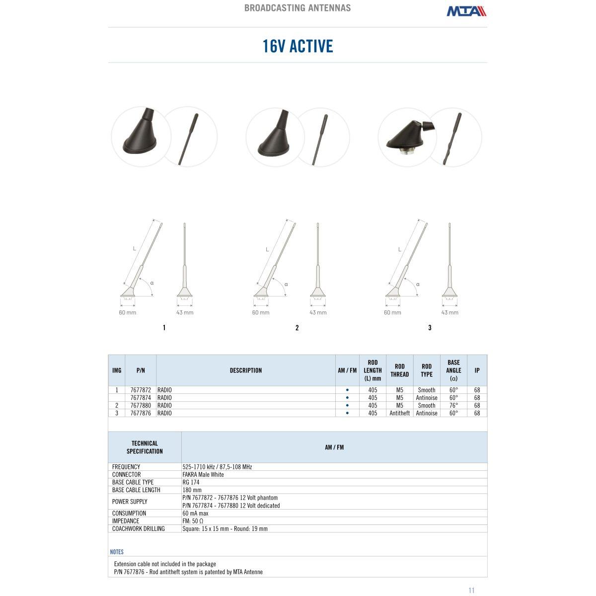 MTA - 16V ACTIVE roof antenna with antitheft rod - AM/FM - Phantom power supply - Base angle 60°  ( Conf. Da 1 pz )