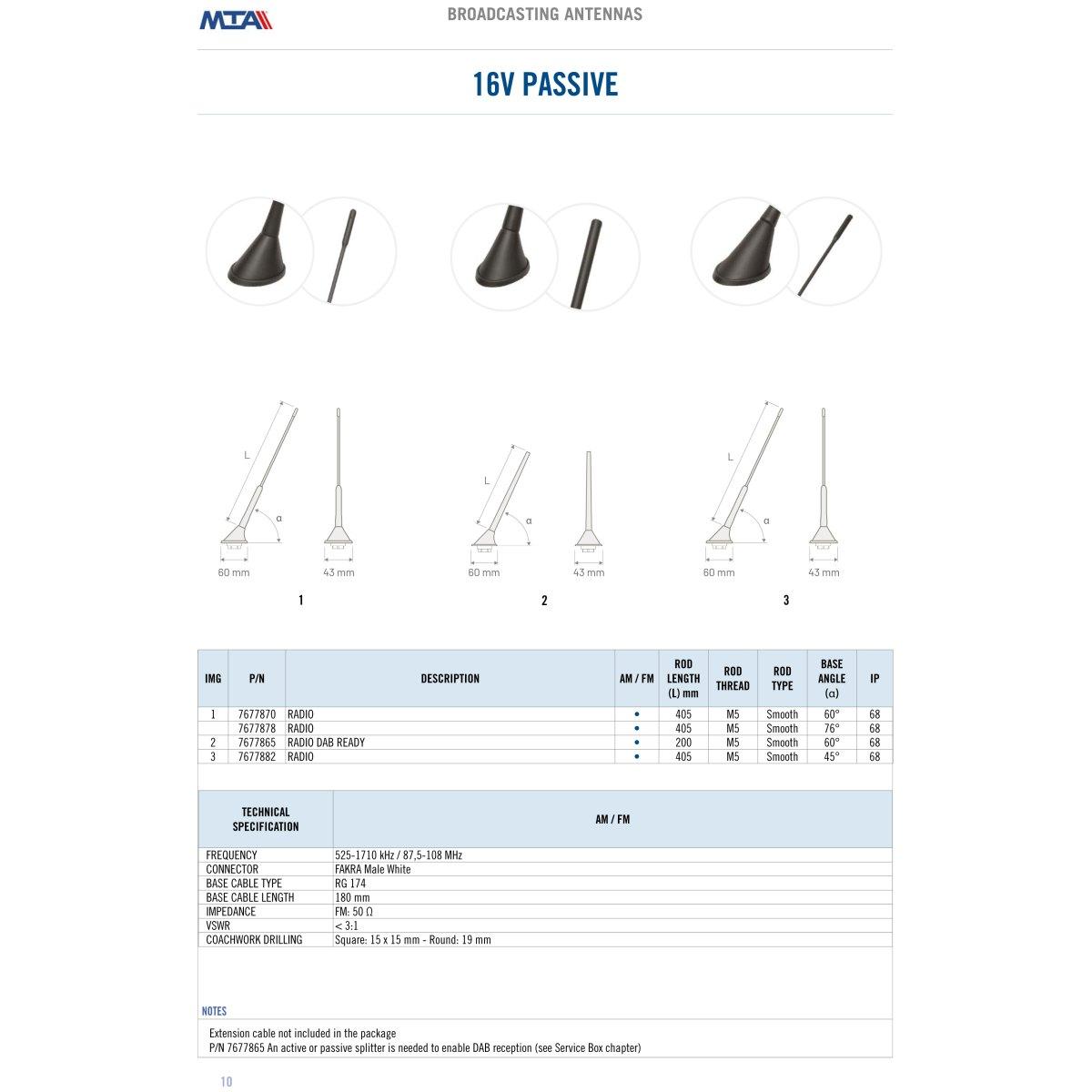 16V PASSIVE roof antenna - AM/FM - Base angle 45°