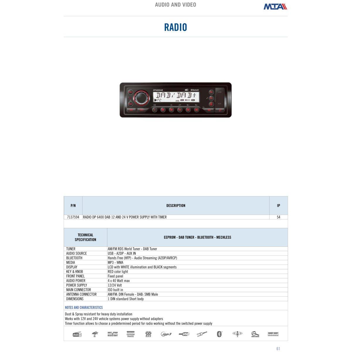MTA - DP6400 DAB/BT - 12V&24V  ( Conf. Da 1 pz )