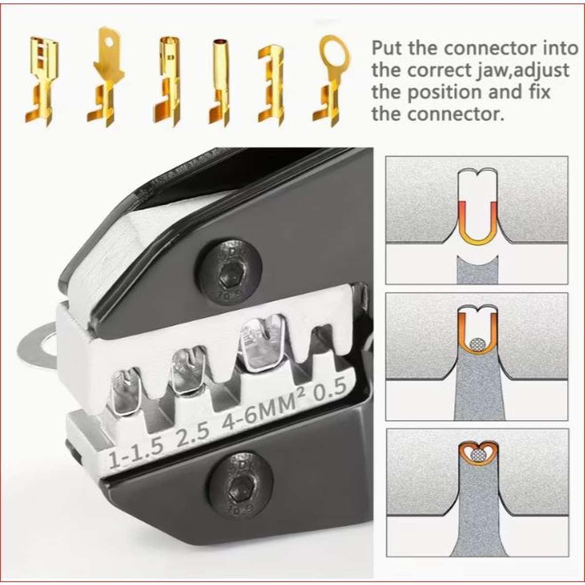 Pinza per terminali aperti non isolati,(0.5-6mm²) matrice con doppia misura rame/rivestimento, a cricchetto,