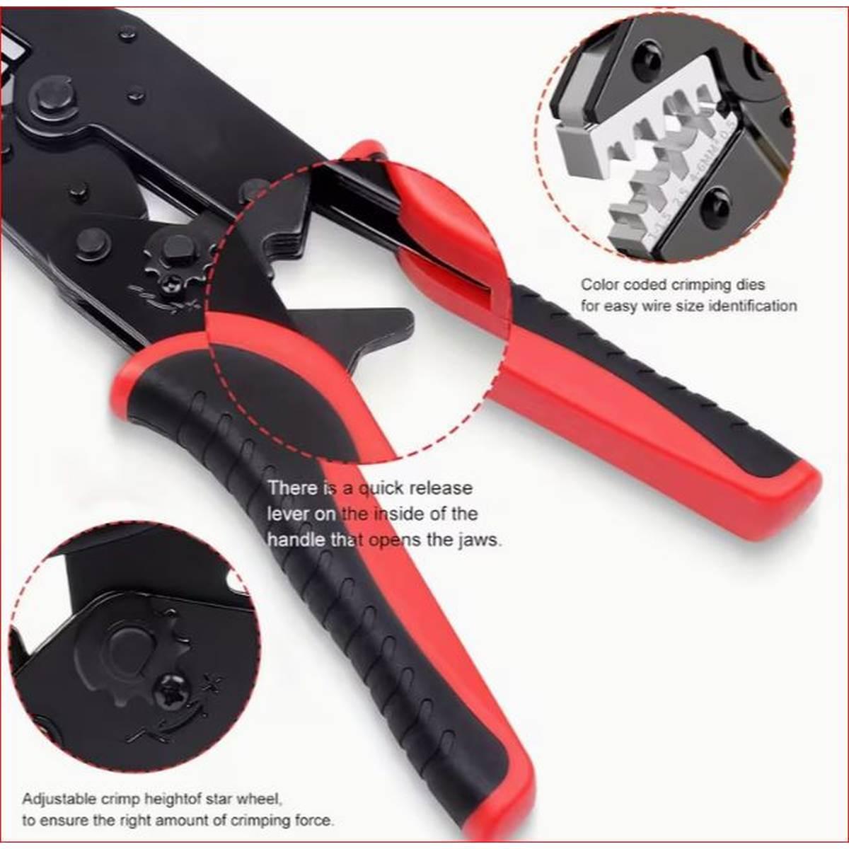 Pinza per terminali aperti non isolati,(0.5-6mm²) matrice con doppia misura rame/rivestimento, a cricchetto,