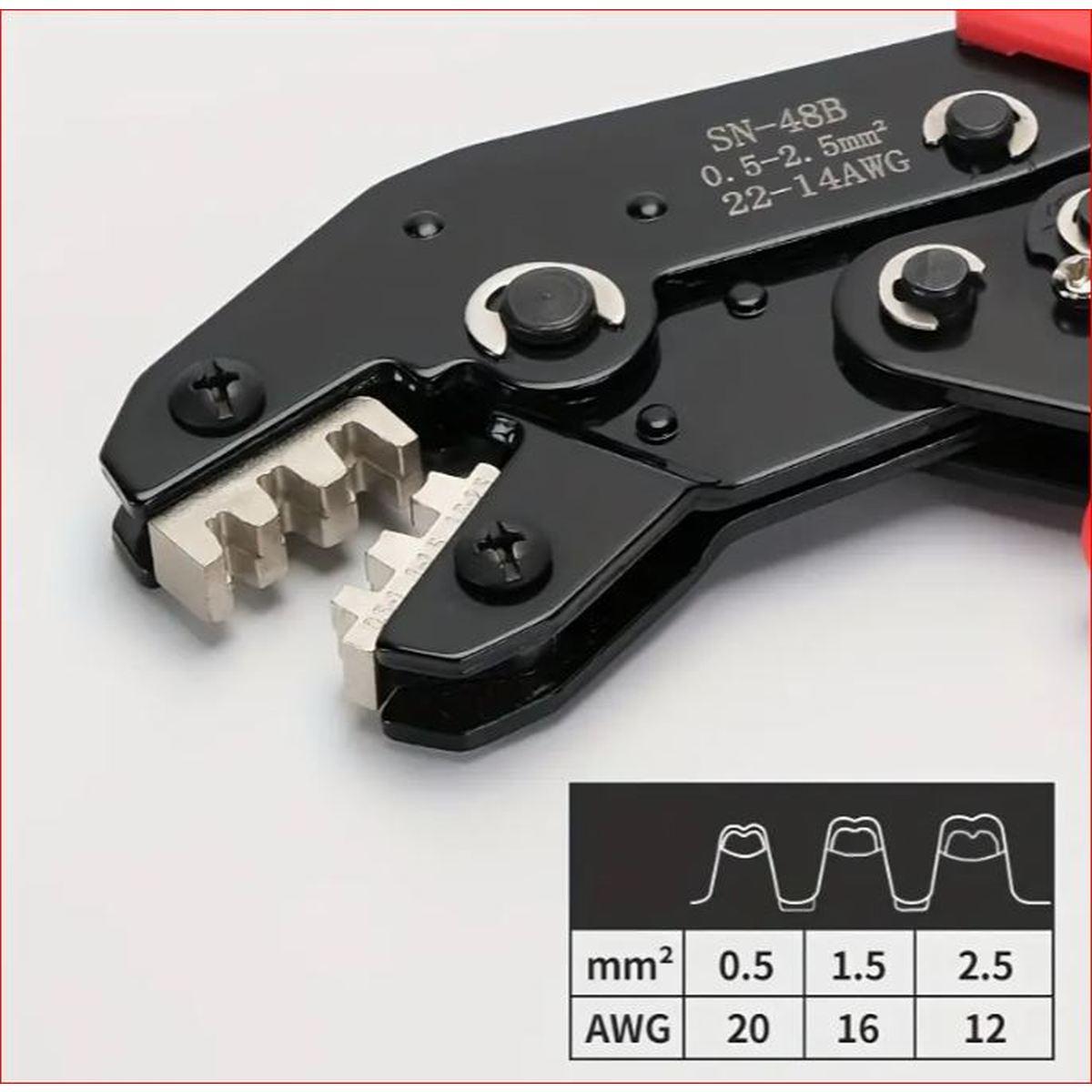 Pinza per terminali aperti non isolati,(0.5-2,5 mm²) matrice con doppia misura rame/rivestimento, a cricchetto,