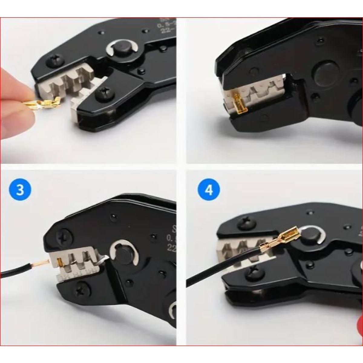 Pinza per terminali aperti non isolati,(0.5-2,5 mm²) matrice con doppia misura rame/rivestimento, a cricchetto,