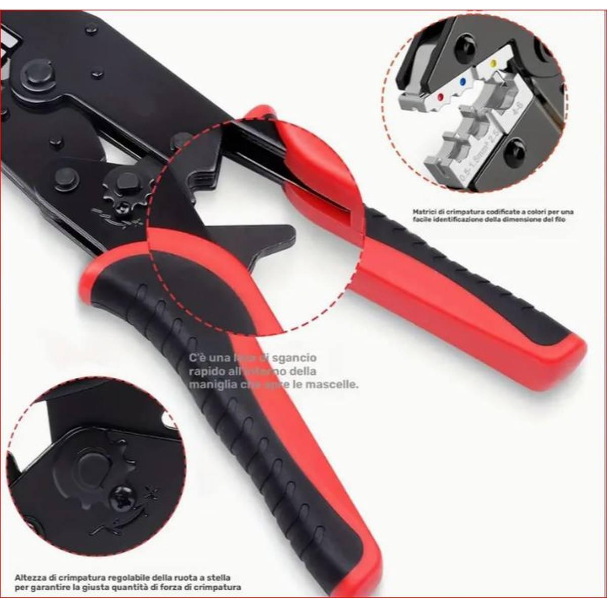 Pinza capicorda preisolati Rossi - Blu - Gialli da 0,5 a 6 mmq a cricchetto con sgancio