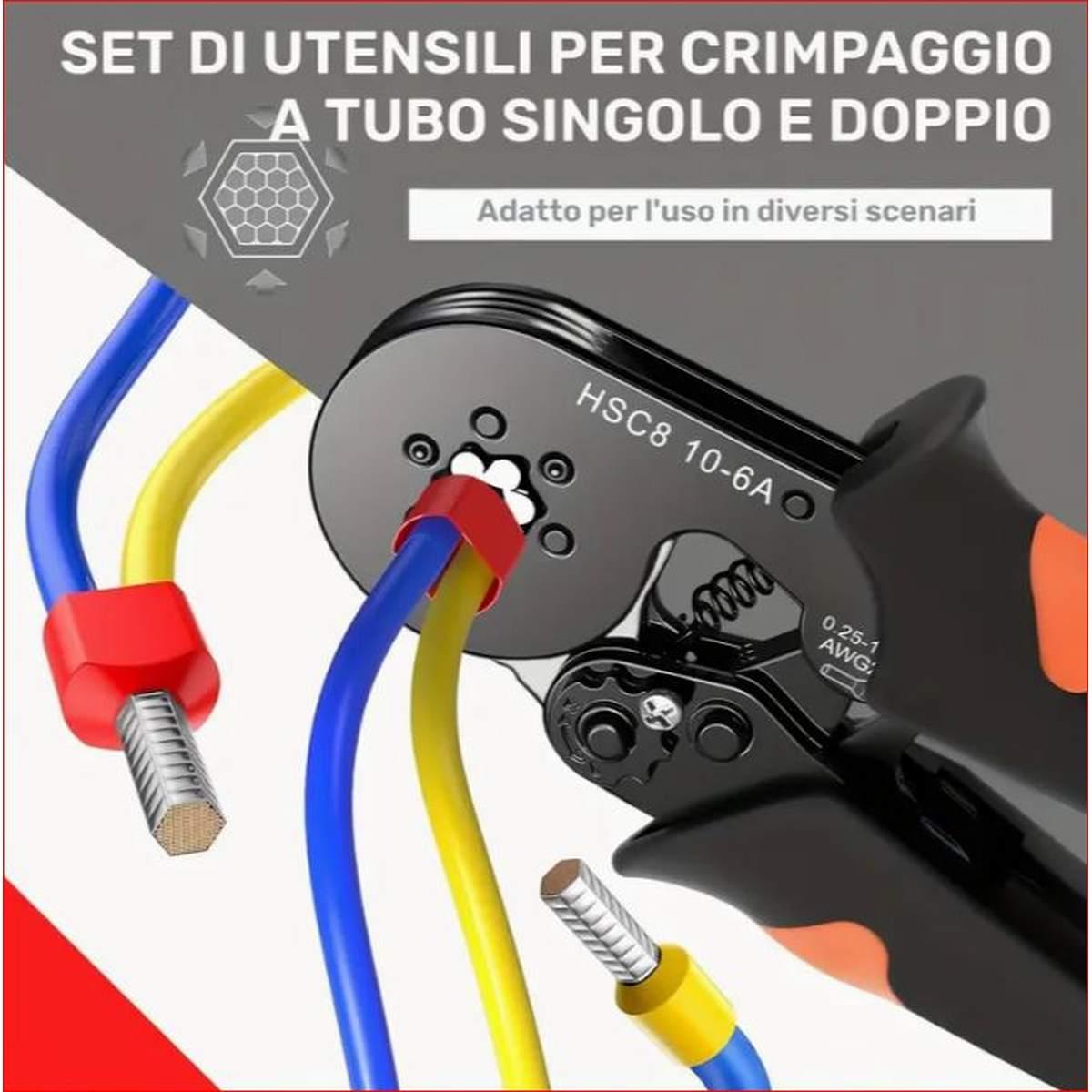 Pinza crimpatrice a cricchetto in acciaio, ad alto tenore di carbonio per terminali da 0,25-10 mm², con kit di 1200 capicorda per cavi elettrici