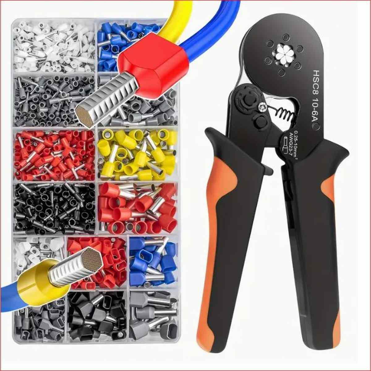Pinza crimpatrice a cricchetto in acciaio, ad alto tenore di carbonio per terminali da 0,25-10 mm², con kit di 1200 capicorda per cavi elettrici