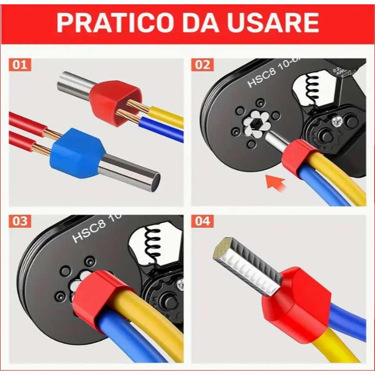Pinza crimpatrice a cricchetto in acciaio, ad alto tenore di carbonio per terminali da 0,25-10 mm², con kit di 1200 capicorda per cavi elettrici